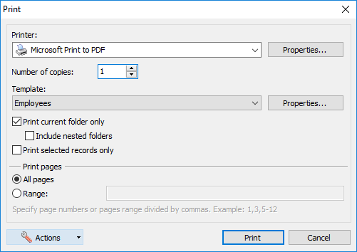 The print parameters window