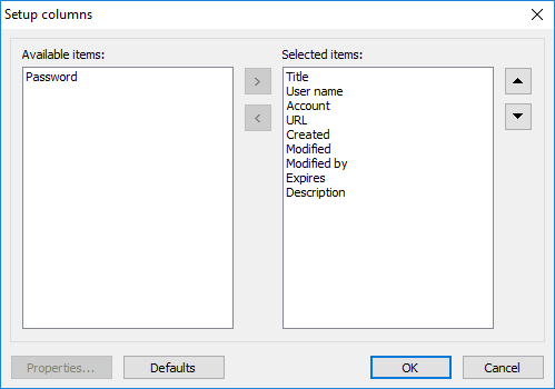 The Setup columns window