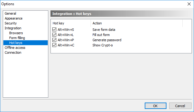 Hot keys options