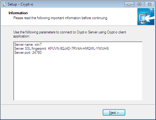 Crypt-o Server connection parameters