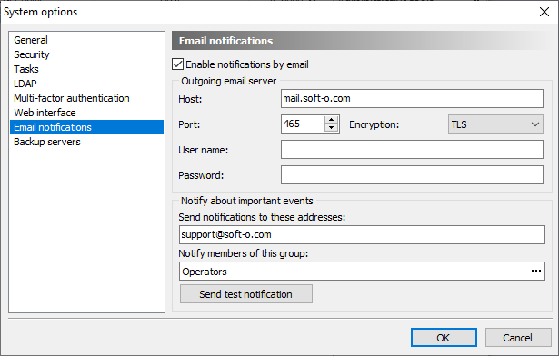 Configuration of email notifications