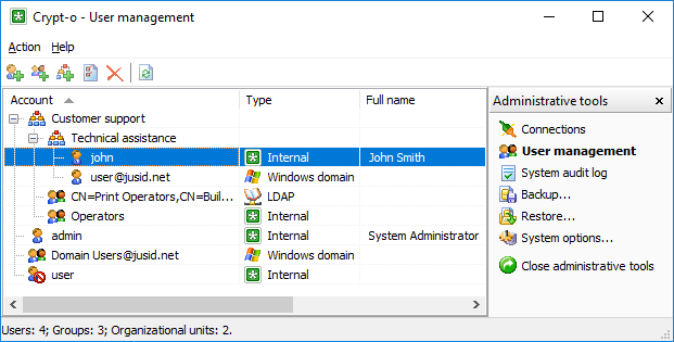 The User management window